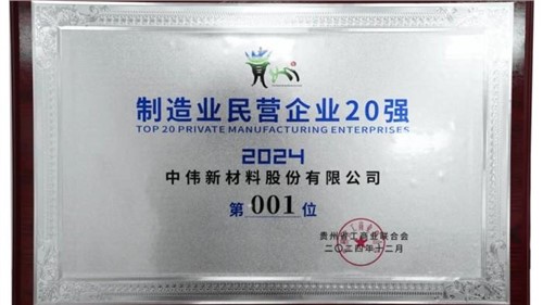 連續三年！中偉股份蟬聯“貴州制造業民營企業20強”榜首